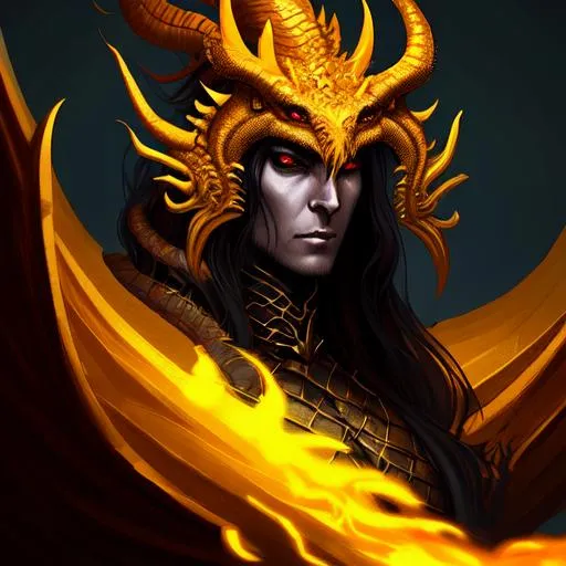 Prompt: Fantasy Character, Digital Painting, background, Dark Art Style, Golden Dragon