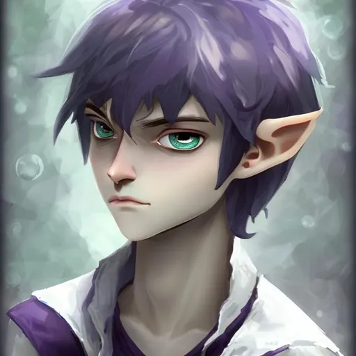 Prompt: In realistic style. Young male elf, with pale white skin, that has slight blue tint. He has very short but messy purple-black hair. His face is small and round, with childish features. His eyes are  large with silver irises. He is very slender but short. He wears leathers, in dark purple hues, with the sheen of a beetle's carapace.