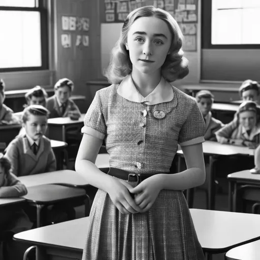 Prompt: Saoirse Ronan as a 1950s era school teacher teaching elementary school kids.