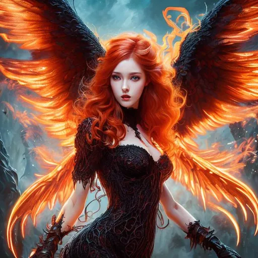 Prompt: HD, 8k, high quality, oil painting, fantasy, hyper realism, Very detailed, dramatic lighting, standing visible face , full body pose of a red hair female cleric wearing a black lace dress, wings, flying, fiery scene
