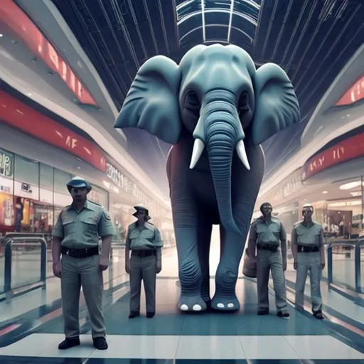 Prompt: elephant security guards in a busy alien mall, widescreen, infinity vanishing point, surprise me