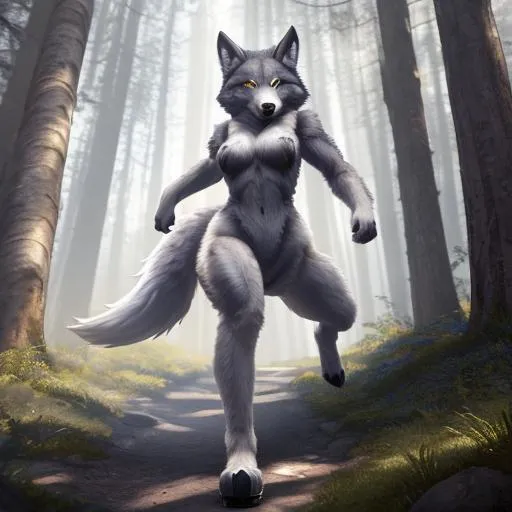 Prompt: Full-body detailed masterpiece, fantasy, high-res, quality upscaled image, perfect composition, subject of this image is a bipedal female wolf, gray fur, athletic body, 18k composition, 16k, 2D image, cell shaded, wolf, athletic torso, forest background, female chest; using renamon as the body,  wolf face features, busty chest, large fluffy tail, dnd wolf-folk
