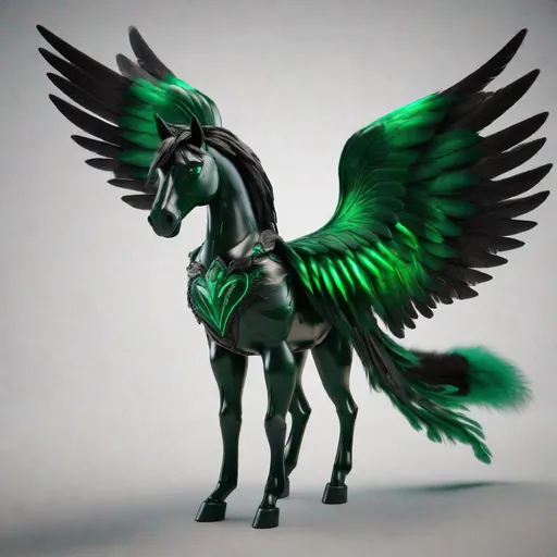 Prompt:  small twisted pegasus animatronic hybrid, with focused emerald eyes. They identify as a Male. Emerald colored feathery wings and tail. dark Green ombre mane and tail. UHD, HD, 4K, green haze, green and black coat,