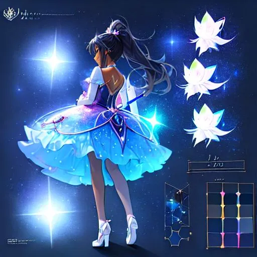 Prompt: A character sheet of an anime magical girl with  hair and dark skin, long hair, covered in stars. blue accents on outfit. holding a wand, Concept Art. puffy skirt. ballet inspired. Madoka magica inspired. reference sheet,   different poses, concept sheet, side profile, back proflie, beautiful face, ponytail, highly detailed, clear face and body