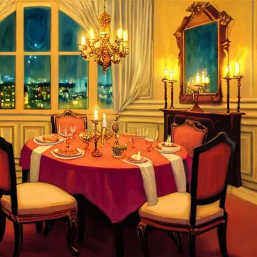 Prompt: A painting of a table set for a candlelit dinner at night