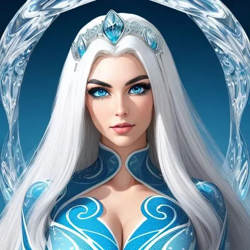 Prompt: A beautiful 25 ft tall 30 year old ((British)) Water elemental Queen with light skin and a beautiful face. She has long white hair with a part in the top and white eyebrows. She wears a beautiful slim blue dress. She has brightly glowing blue eyes and water droplet shaped pupils. She wears a blue tiara on her head. She has a blue aura around her. She is standing in a blue throne room looking at you. Beautiful scene art. Scenic view. Portrait art. {{{{high quality art}}}} ((goddess)). Illustration. Concept art. Symmetrical face. Digital. Perfectly drawn. A cool background. Five fingers. Full body view. No portrait. No black background. Front view
