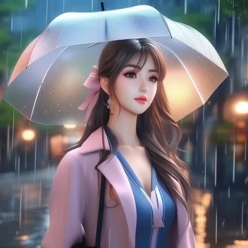 Prompt: 3d anime woman and beautiful pretty art 4k full HD thundering and raining outside