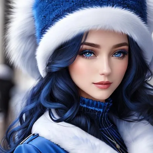 Prompt: Lady all in blue, Long  very curly hair, sapphire blue eyes, face front, blue fashion, fur hat and coat, pretty makeup