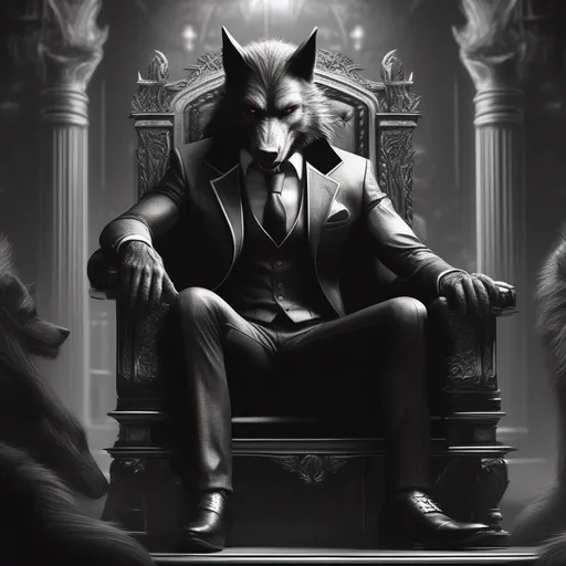 Prompt: goth werewolf, anthropomorphic, sharp focus, setting on throne, black suit, best quality, black and white masterpiece, illustration, super detailed, HDR, 64K, RPG,