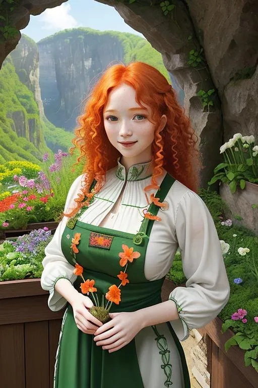 Prompt: Intricate vertical complex vegetable garden expanding through a stunning view cliff, blooming spring, fresh vegetation, sunshine, busty ginger round face curly ginger hair wearing traditional dress