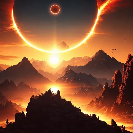 Prompt: two suns, one sun is eating the other, mountains landscape in background, animation, epic, gigantic, dangerous, apocalyptic background, dynamic, 4k, sorcerer, game poster, black desert