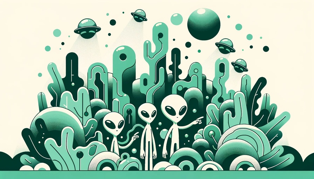 Prompt: vector illustration in 32k UHD resolution, depicting aliens amidst a landscape of organic and earthy shapes, with a playful and whimsical animation style, bathed in light emerald tones.