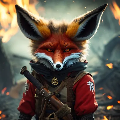 Prompt: A fox holding a oni mask near to hes  face, in war clothes, around fire. Full body. 