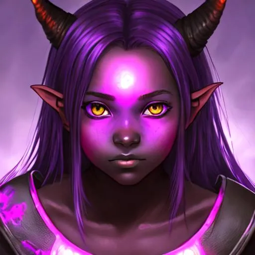 Prompt: Beautiful, scared, innocent, young adolescent tiefling girl, very dark ash skin, fire eyes, leather armor, purple psionic daggers glowing light purple