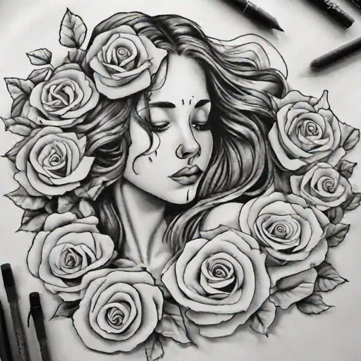 Prompt: Draw a rose .the petals of the rose are made of books and pages. Everything in black and white.
A female angel is crouching behind the rose her face covered in hair.
Make it look like a tattoo on a female ribcage.
