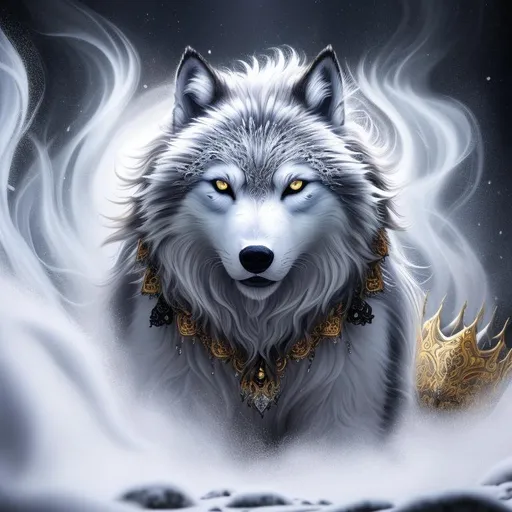 Prompt: (full body, professional oil painting, epic digital art, intricately detailed, best quality:1.5), insanely beautiful epic (silver eyed direwolf), glistening (silver eyes:10), thick frosted (gold fur), bold black fur markings, gold magic fur lighlights, 8k expressive big (silver eyes), thick soft ethereal 8k fur, wispy fur, wispy hair, detailed face, intricate details, blue frost on forehead, gold crystals on crest, epic sunset palace, game of thrones, magnificent architecture, intricately detailed, masterpiece, symmetric, perfect composition, cinematic lighting, soft lighting, studio light, ambient gold light, 8k, complementary colors, golden ratio, high octane render, volumetric lighting, depth, realistic, highly detailed shading, unreal 5, timid, ethereal, enchanted mountain palace, snow falling, gold light columns, artstation, top model, sunlight on fur, intricate hyper detailed breathtaking colorful glamorous scenic view landscape, Yuino Chiri, Kentaro Miura, ultra-fine details, hyper-focused, deep colors, dramatic, blizzard, medium full body, intricate detail, high quality, high detail, masterpiece, intricate facial detail, high quality, detailed face, intricate quality, intricate eye detail, highly detailed, high resolution scan, intricate detailed, highly detailed face, very detailed, high resolution