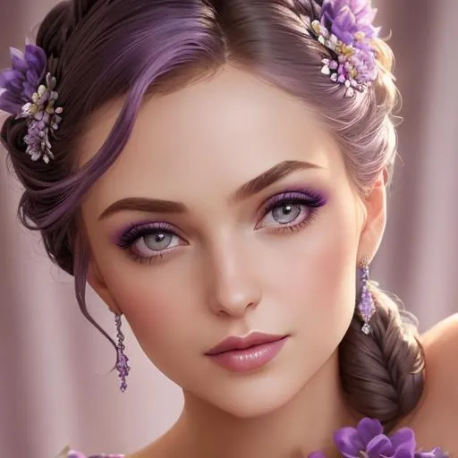 Prompt: Beautiful woman portrait wearing an lilac evening gown, elaborate updo hairstyle adorned with flowers, facial closeup