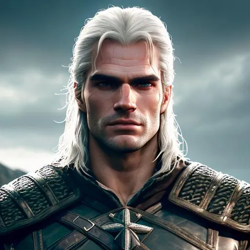 Prompt: Portrait of Henry Cavill as GEralt von Riva, 8K, Ultrarealistic. Shot on Canon 5d MK2