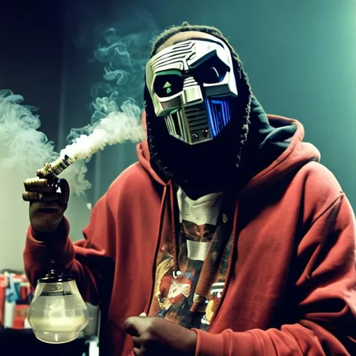 Prompt: Mf Doom Smoking A Bong