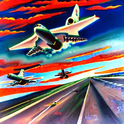 Prompt: Subject: "Highway to the Danger Zone"
Descriptions: A busy Highway on the ground with Fighter planes soaring overhead, sleek and powerful, leaving trails of exhaust in the sky. Dynamic aerial maneuvers, intense dogfights, adrenaline-filled action.
Environment: Vast open sky, clouds swirling, sun setting in a fiery explosion of colors.
Mood/Feelings: Thrill, danger, excitement, urgency, patriotism.
Artistic Medium/Techniques: Digital illustration, bold color palette, strong contrasts, meticulous attention to detail.
Artists/Illustrators/Art Movements: Tom Cruise, Top Gun movie poster, 80s retro aesthetic, vaporwave, propaganda art.
Camera Settings: High-resolution digital camera, vibrant saturation, wide-angle lens, over the shoulder point of view.