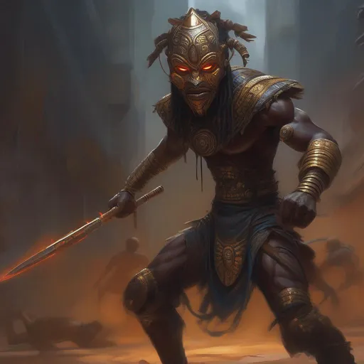 Prompt: A dark evil African mask cyborg warrior fighting monsters, magic glowing, concept art, dystopia, orientalist, full body, dynamic, pose,  insane detail, oil painting, artstation
