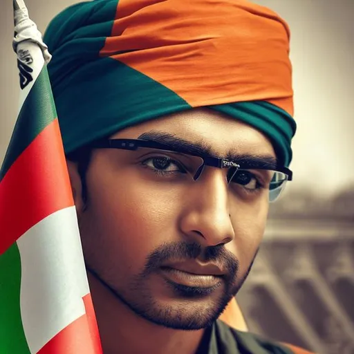Prompt: A men with a patriotic heart
With an Indian flag 