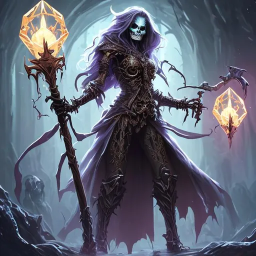 Prompt: Full body splash art of a sweet female undead skeleton vampire zombie sorceress, very long light brown hair, wearing long light-colored iridescent robe, carrying a wooden staff, D&D, dnd, fantasy, highly detailed, sharp focus, digital painting, artstation, 4k, 8k