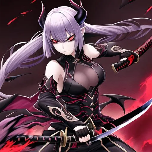 Prompt: A Beautiful girl demon with black eyes,holding a Katana,background is a battle field