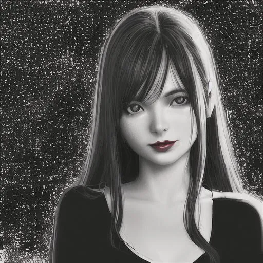 Prompt: Shy girl,red lips,Pencil sketch,black and white,realistic,under sky and stars