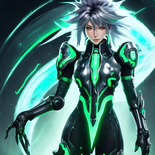 Prompt: female, long silver and green glowing hair, wearing black gloves, green and black scifi armor, ULTRAKILL Xenoblade 2 , conceptart , scifi sword, mechanical halo