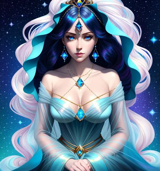 Prompt: highest quality portrait full body of Blue Diamond, StevenUniverse, digital painting, shibari, ropes, style of Fragonard, highly-detailed symmetric face, jewel, gem, cinematic, washed out palette,  super soft, soft pastel color palette, water,  ice, pearlescent, sparkling, stars, galaxy, white, big eyes, iridescent, big lips, long hair, straight hair, cyan aqua hair, legs visible, vines, arms visible, perfect composition, hyperrealistic, super detailed, 8k, high quality, sharp focus,intricate details, highly detailed, dynamic lighting, detailed and intricate environment
