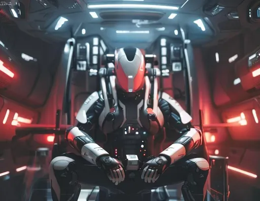 Prompt: a spaceship pilot in a latex suit with robotic limbs, laying down in a pod, in a cyberpunk setting, cyborg, implants, high details, realistic, photorealism, 8k