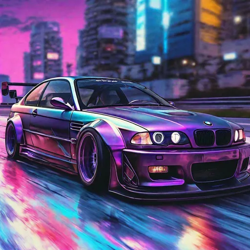 Prompt: 2001 BMW M3 E46 GTR, synthwave, aesthetic cyberpunk, miami, highway, dusk, neon lights, coastal highway, dusk, neon lights, coastal highway, sunset, drift, nurburgring, water on the road, blade runner, 64k, watercolor, macro sharp focus, 8, hyper realistic, cinematic, highly detailed, photoraelistic, clean, formula drift