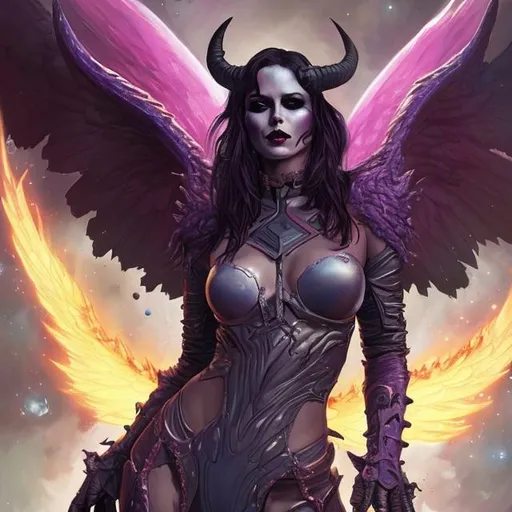 Prompt: space demoness with wings, color, gauntlets and boots, pretty face, dark hair, Dariusz Zawadzki