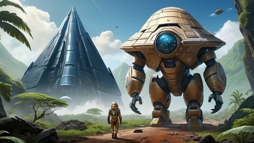 Prompt: a sole survivor cone-headed male annunaki explorer allalu wearing a fish-scale-space-suit walks toward camera away from a heavily-damaged-crashed-spaceship in the background, stranded all alone, thick jungle mountain landscape