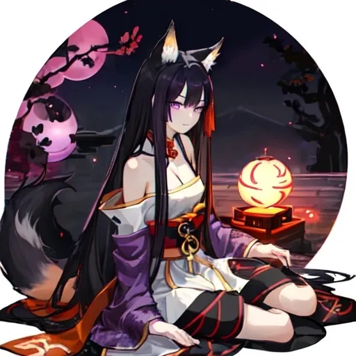 Prompt: Female kitsune, long midnight black hair, purple eyes, fox ears downcast, playful look, portrait, comfy conservative clothes, sitting outside of a desert temple at night