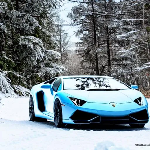 Lamborghini in snow in a forest with a light blue sk... | OpenArt