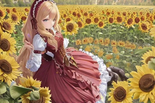 Prompt: full body, professional, renaissance painting style, girl in Classical Lolita fashion, long hair, sunflower's garden background, dynamic pose, 64k, extremely detailed, masterpiece