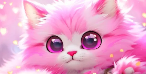 Prompt: Cute, pink, fluffy, fantasy love kitten, with light, pink eyes, very, pink fur, and possessing the element of love and making circles of hearts move around in the air in a magical way, background with pink hearts. Perfect features, extremely detailed, realistic. Krenz Cushart + loish +gaston bussiere +craig mullins, j. c. leyendecker +Artgerm.