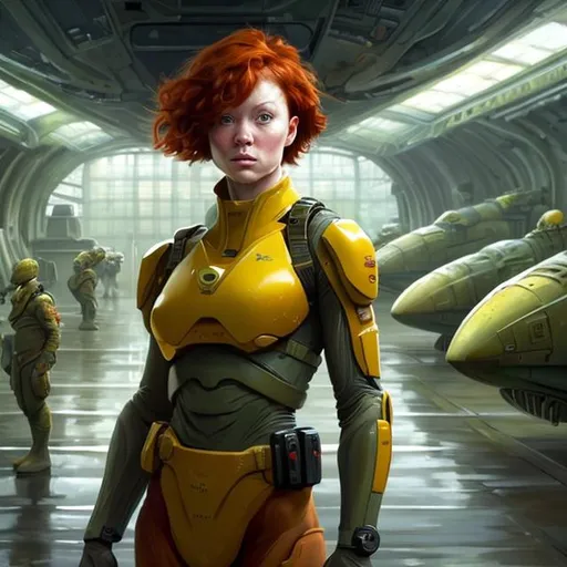 Prompt: Oil painting of a woman with short red hair tied back, pretty face, futuristic bright yellow ochre military fatigues with protective green torso vest, standing in a futuristic empty hangar bay. perfect composition, hype realistic, super detailed, 8k, high quality, trending art, trending on artstation, sharp focus, studio photo, intricate details, highly detailed, by greg rutkowski