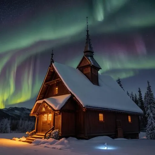 Prompt: Beautiful wooden Stave Church in the night, candle light, sky full of stars, colored night sky, (aurora borealis: 0.4), medieval, stunning, beautiful landscape, picture from under, glowing light, old building, Norwegian style, beautiful Milky Way, uhd, 4k, 8k, high definition wallpaper, award winning