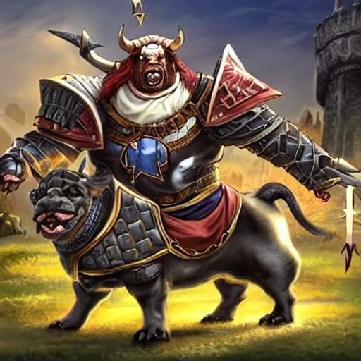 Prompt: A bull dog in a medevil kingdom wearing knights armor and has a big sword and in the middle of a battle with a cat and dragon fusion