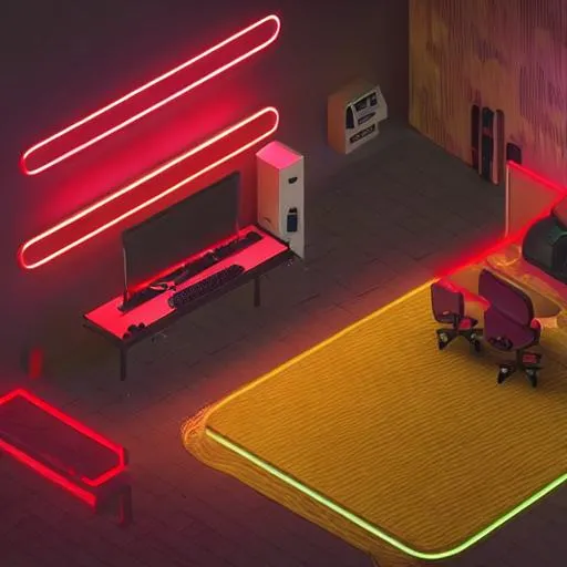 Prompt: Isometric, Red Neon, Gaming Room,HDR, UHD,64k, Highly Detailed, Realistic--4:6 Ar