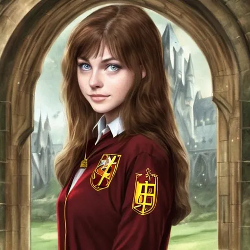 Prompt: brown-haired, green-eyed beautiful woman as a Gryffindor student at Hogwarts 
