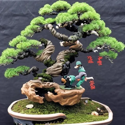 Prompt: tiny ninjas climbing on a distorted juniper bonsai tree with deadwood