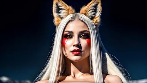 Prompt: Fox girl, woman, girl, fox, lady, fox woman, fox lady, female, female fox, fox female, long white hair, blood red eyes, midnight sky, {{{Hyper detailed}}}, {{{Photorealistic}}}, {{{Hyper realistic}}}