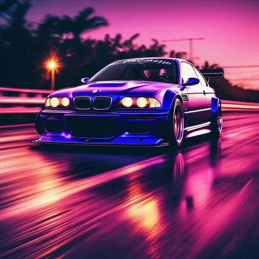 Prompt: 2001 BMW M3 E46 GTR, synthwave, aesthetic cyberpunk, miami, highway, dusk, neon lights, coastal highway, dusk, neon lights, coastal highway, sunset, drift, nurburgring