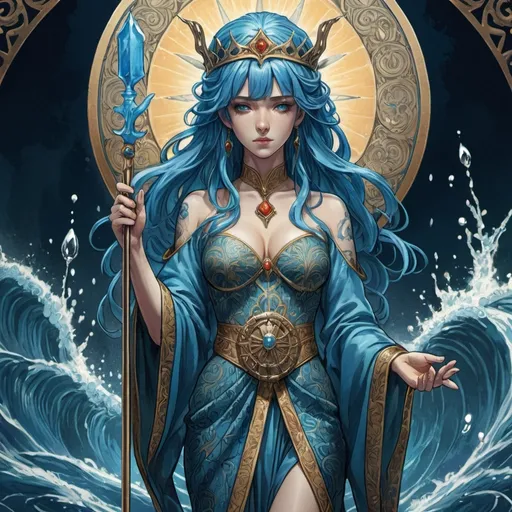 Prompt: tarot card Anime illustration, a blue-haired woman, detailed ornate cloth robe, dramatic lighting, water goddess, queen, trident