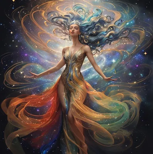 Prompt: a stunning depiction of a dancer whose flowing movements create beautiful, swirling galaxies. The dancer's form and dress are painted with stars and cosmic dust, illustrating the harmony between human expression and the universe. Light background 