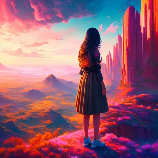 Prompt: Girl who stands in the utopia land, illustration art, front, modern fashion, epic Instagram, artstation, hyperdetailed, unreal engine, modern anime style, anime face, complementary colors, 8k, deviantart masterpiece, oil painting